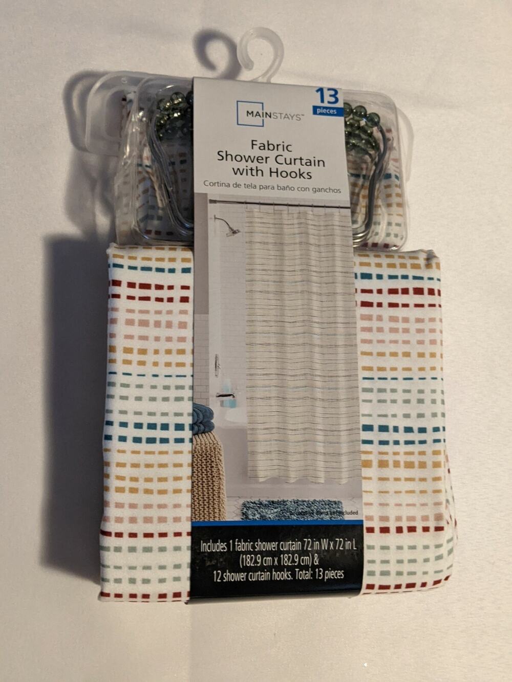 Mainstays Fabric Shower Curtain with Hooks Multi Stitching Stripe 13 Pieces